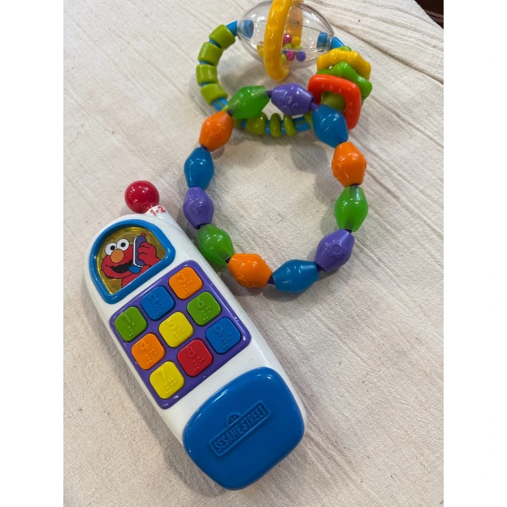 Sesame Street Elmo Flip Phone Toy and Colorful Bead Rattle Set Multi Color